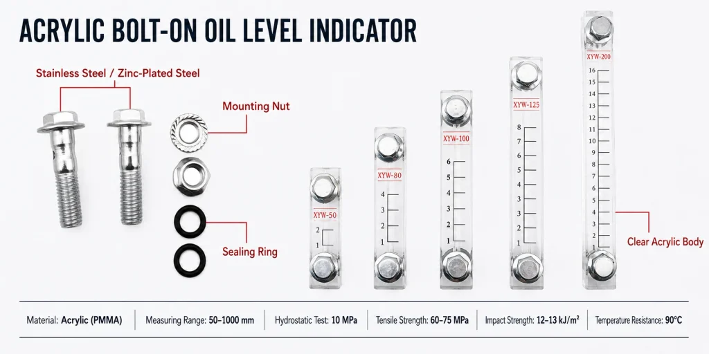 acrylic bolt on oil level indicator size