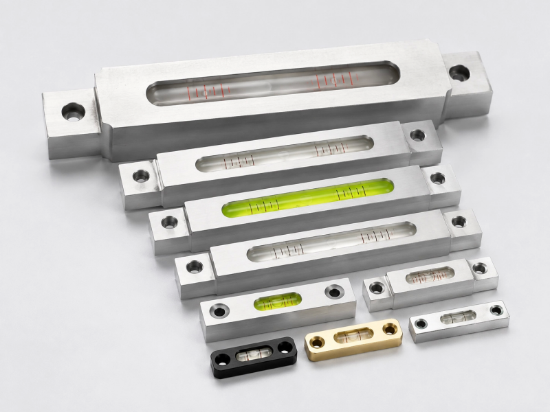 Metal block-mounted level vials in different sizes