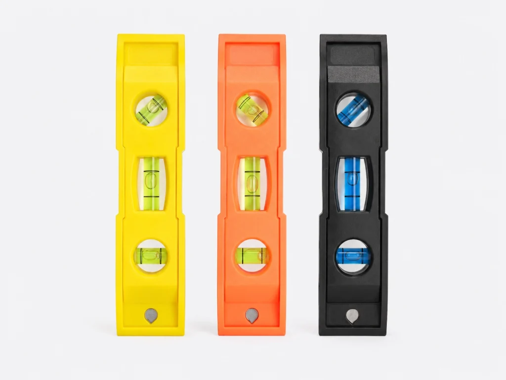 Three-vial torpedo spirit levels in different colors