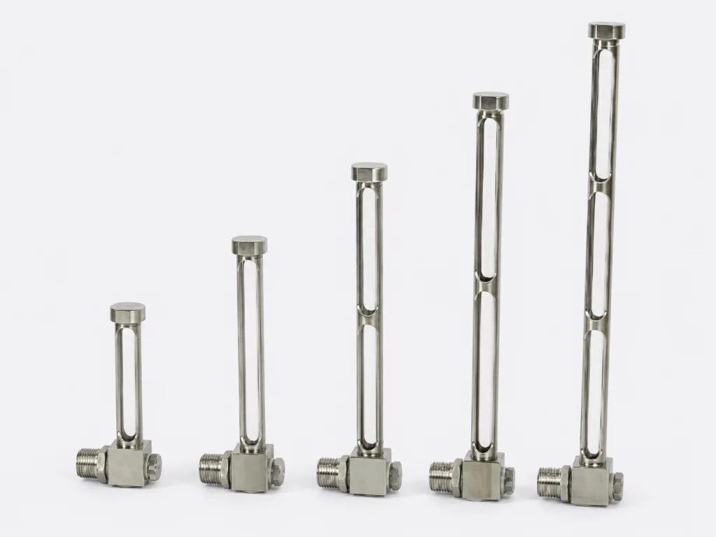 Stainless steel tubular oil level indicators in different lengths
