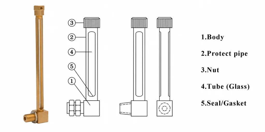 Tubular oil level indicator structure and component diagram