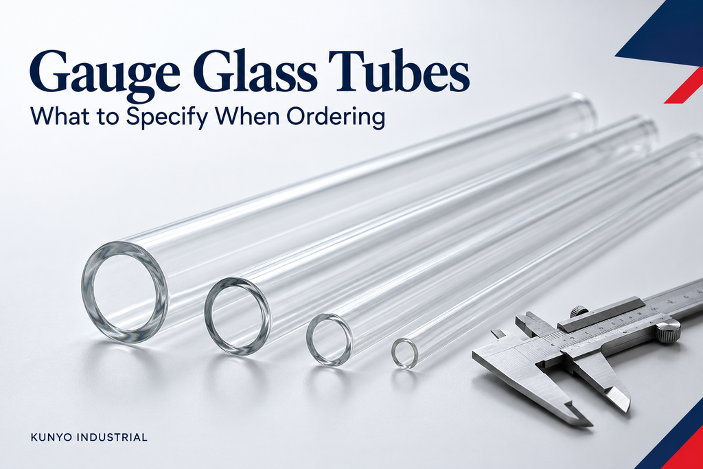 Illustration of clear gauge glass tubes with open ends beside a caliper
